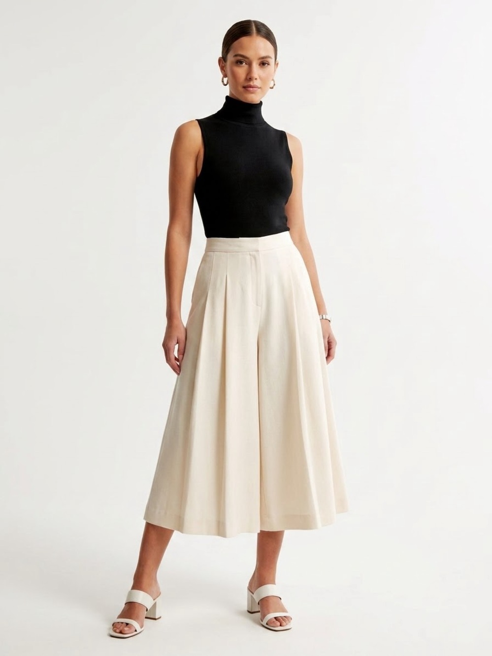 Vintage Cream Culotte Gaucho Pants Pleated Wide Leg Minimalist Feminine Earthy